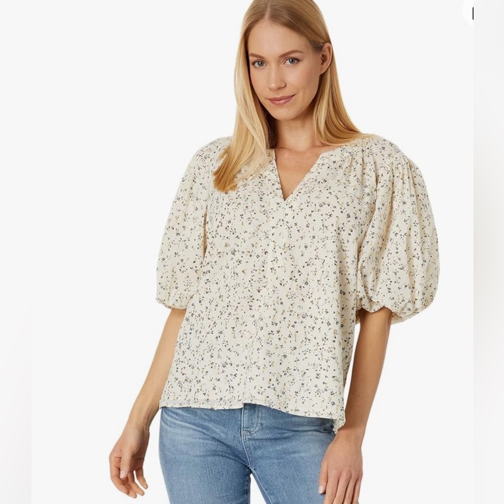 NEW Vince Camuto Raglan Puff Sleeve Split Neck Blouse Metallic Floral Cream M
